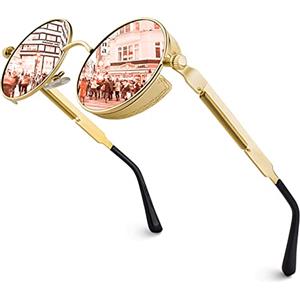 GQUEEN Occhiali da Sole da Uomo Donna Retrò Rotondi Polarizzati UV400 MTS2 | Steampunk, Metallo, Antiriflesso, Regolabili, Leggero e Durevole, Custodia Morbida, Guida, Costumi, Feste