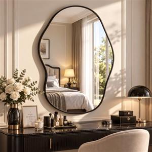 MAMIZO Specchio asimmetrico da parete, 70x101cm, Grande pecchio ingresso | Specchio decorativo, cornice in alluminio, vetro temperato, per soggiorno, bagno, camera da letto, soggiorno, corridoio, Nero