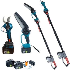 Generico Forbice da Potatura a Batteria, Motosega a Batteria 8 Pollici con oliatore, + Asta Telescopica 128-248cm, Kit 3 in 1, Cesoie Elettriche per Potatura Giardino Rami Arbusti Vigneto