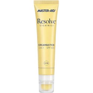 Resolve Master Aid Resolve Cicatrici - Cream & Stick 2 in 1, Solare SPF 50+ Doppio Formato Crema e Stick, con Alta Resistenza all'Acqua, Idratante e Lenitivo per Pelle Sensibile e Cicatrici Ipertrofiche