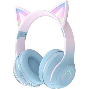 Usoun Cuffie Bluetooth cartone animato,con orecchie da gatto con luce a LED,slot per schede SD,jack audio da 3,5 mm,cuffie sovraurali pieghevoli,senza fili e cablate,per bambini,bambine (grigio blu)