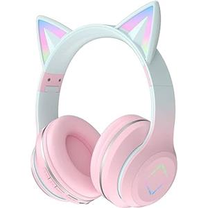 Usoun Cuffie Bluetooth cartone animato,con orecchie da gatto con luce a LED,slot per schede SD,jack audio da 3,5 mm,cuffie sovraurali pieghevoli,senza fili e cablate,per bambini,bambine (grigio rosa)