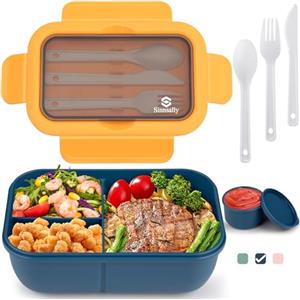 Sinnsally Porta Pranzo con Posate,1250ml Lunch Box Prova di Perdite,Bambino Adulto Bento Box con 3 Scomparti,Porta Cibo Portapranzo,Schiscetta Contenitore Pranzo per Microonde Lavoro Picnic Ufficio