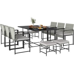Outsunny Set Tavolo e Sedie da Giardino in Rattan 11 Pezzi Grigio Chiaro | Set Pranzo Esterno, Tavolo in Vetro Temperato, 6 Sedie, 4 Pouf, Cuscini Lavabili, Struttura in Acciaio, per Patio Balcone