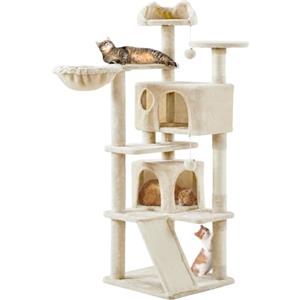 Yaheetech Albero Tiragraffi per Gatti Adulti 144,5 cm Multilivello Beige | Torre con rampa graffiatoio e piattaforme imbottite, 3 pali in sisal 2 casetta 2 palline appese e 1 cesto, giochi per gatti