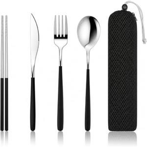 Cozary Posate da Campeggio Set 4 pezzi con bacchette, Acciaio Inox Nero | Acciaio inox, nero, 4 pezzi, astuccio e sacca rete inclusi, per viaggio, lavoro, picnic, campeggio