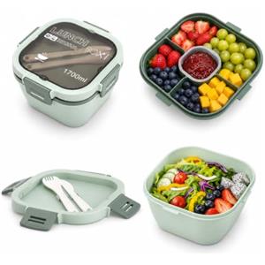 VINATO 1700ml Contenitore per Insalata, Scatola Porta Pranzo | Porta Insalata con Compartimenti & Posate per Adulti, Salad to Go Box, para Microonde e Frigorifero(Verde)