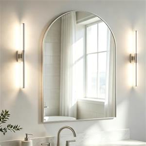 NEUWEABY Specchio da parete ad arco per bagno, 102 x 75 cm specchio ad arco da parete con cornice in metallo, specchio da vanità argento, decorazione per camino, camera da letto, soggiorno