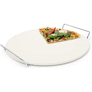 Relaxdays Pietra Refrattaria per Pizza, Vassoio in Cordierite, Ollare, Ø 33 cm, Manici in Metallo, Forno, Cucina, Beige