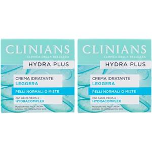 CLINIANS | Hydra Plus Crema Viso Idratante Leggera, Dermatologicamente Testato, Made in Italy, 50 ml (Confezione da 2)