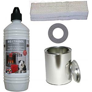 Moritz Starter Set 1 x 1000 ml Bioetanolo + 1 x scatola di latta da 250 ml con coperchio + 1 x ovatta lana di ceramica + 1 x piastra di risparmio per bruciatori, camini, stufa di sicurezza, pasta