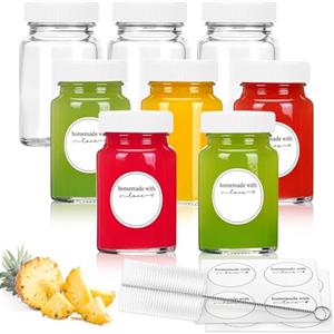 Showvigor Confezione da 8 Bottiglie Vetro 60ml (2oz) con Coperchi ed Etichette - Mini Contenitori Riutilizzabili a Bocca Larga per Succo, Zenzero, Salse, Campioni, Viaggio - Vetro Alimentare Sicuro