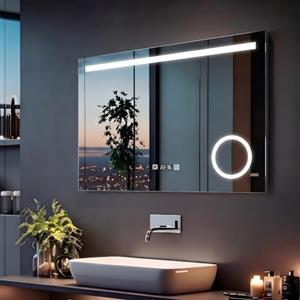 MIQU Specchio da bagno a LED con illuminazione 100 x 70 cm specchio bagno grande con presa, orologio touch, dimmerabile, 3 colori, luce antiappannamento, ingrandimento da parete, WC