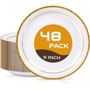 Yidaxing 48Pcs Piatti Carta Rotondi con Bordo Dorato, Posate Usa e Getta | Piatti di Carta,Piatti Usa e Getta per Barbecue, Feste di Compleanno, Battesimi e Matrimoni (Oro/Bianco, 22,8 cm)