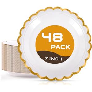 Yidaxing 48Pcs Piatti Carta con bordo ondulato dorato,Posate Usa e Getta | Piatti di Carta,Piatti Usa e Getta per Barbecue, Feste di Compleanno, Battesimi e Matrimoni (Oro/Bianco, 17,8 cm)