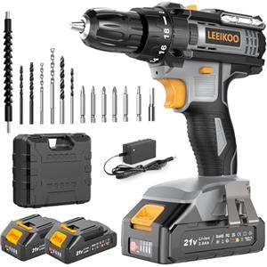LEEIKOO Trapano Avvitatore Batteria 21V con 2 Batterie 2.0Ah 42N.m | Avvitatore Elettrico 2 Velocità, 18+1 Coppie, 14 Accessori, Luce a LED Per Fai da te, Casa e Giardino