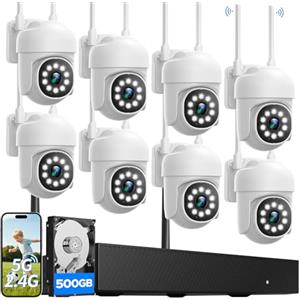 Camcamp kit videosorveglianza wifi 8 telecamere da esterno videocamera sorveglianza | CAMCAMP, 360 gradi PTZ wi-fi Pro Vision Nocturne Couleur Détection de Personne, Enregistrement 24/7 16CH NVR con 500GB