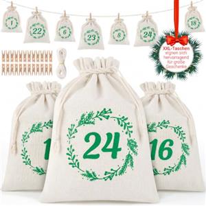 ARTREE Calendario dell'Avvento da Riempire Tessuto - 20 x 15 cm Calendario de Adviento, 2 Tamaños Diferentes Mit Clip, Corda di Canapa, Calendario Avvento 2026 Fai Da Te, Borse Calendario Avvento