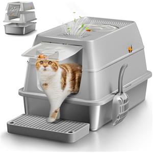 Eosarcu Lettiera Gatto Chiusa, Lettiera Acciaio Inox, 60 x 40 x 39 CM, Grande XL XXL Toilette per Gatti con Pala, Cassette Ogieniche per Gatti - Grigio