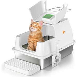 Eosarcu Lettiera per Gatti in Acciaio Inox, paletta lettiera gatto,Lettiera Gatto Chiusa XXL, Contenitori per lettiere con Pala, Doppio Strato Opaco Toilette per Gatti, Cassette igieniche per gatti - Bianco