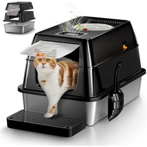 Eosarcu Lettiera Gatto Chiusa, Lettiera Acciaio Inox, 60 x 40 x 39 CM, Grande XL XXL Toilette per Gatti con Pala, Cassette Ogieniche per Gatti - Nero