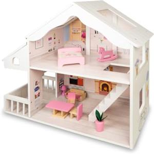 Teorema Giocattoli Teorema FATTO DI LEGNO - Casa delle Bambole in Legno con Solario e Accessori, Villetta Grande 58,5x24x56 cm per Bambina 3+ Anni, Dollhouse Completa