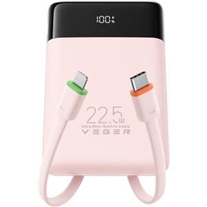 VEGER 10000mAh Powerbank con Cavi Integrati 22.5W Ricarica Rapida Portatile | Sottile Compatto USB C Power Bank LED Display con 4 Uscite e 3 Ingressi Compatibile con iPhone iPad Huawei Xiaomi Tablet-Rosa