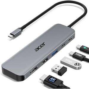 Acer Hub USB-C 5-in-1, Adattatore USB-C a HDMI 4K@60Hz | Trasferimento dati USB-A e USB-C a 5 Gbps, PD 100W, Alluminio + Nylon, per iPhone 17/16, MacBook, iPad Pro/Air, Surface, ecc.
