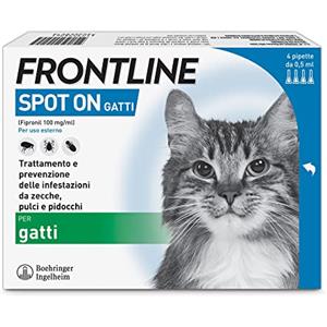 Frontline Spot On Gatti x4 Antiparassitario Contro Pulci, Zecche E Pidocchi | Lunga Durata, Protegge da Zecche, Pulci e Pidocchi, Antipulci In Confezione da 4 Pipette da 0.5 ml