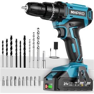 MHPRO Trapano Avvitatore Batteria 21V, Avvitatore a Batteria con Batterie 2.0Ah, 42N.m Avvitatore Elettrico, 25+3 Coppie, 2 Velocità, 24PCS Accessori per Casa Progetto, Fai da te, Blu