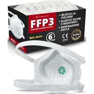 Polonord Adeste ADESTE 6 Mascherine FFP3 con valvola | Mascherina FFP3 Certificata D | Per polveri sottili, lavori pesanti | Filiera controllata | Anallergiche | Elastici comodi, resistenti e regolabili | CE
