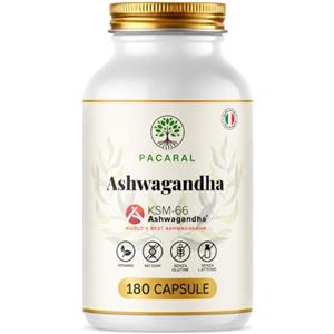 Pacaral Ashwagandha KSM-66 Premium 600 mg -180 Capsule Vegane | Integratore Adattogeno, 3 Mesi, Sola Radice Titolata 5% Withanolidi, Ginseng Indiano, Withania Somnifera, Made in Italy