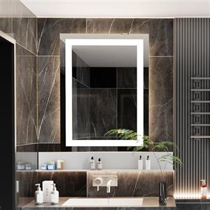 luminorcrest Specchio da bagno con illuminazione, rettangolare, 50 x 70 cm, specchio da parete a LED, 3 colori di luce, dimmerabile, con touch, anti-appannamento, CRI90+, vetro temperato