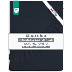 NARCISO Lenzuolo con Angoli Matrimoniale 180x200+25 in Microfibra Tinta Unita Embossed, Lenzuola Sotto con Angoli Matrimoniale Traspirante ed Anallergica, Made in Italy (2P Navy Blu)
