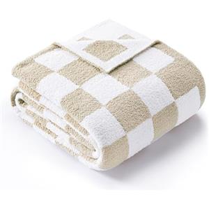 Exclusivo Mezcla Coperta Quadri, Morbida Coperta Lavorata a Maglia, Accogliente Coperta in Pile Quadri, Leggera e Soffice Coperta per Divano e Letto, 130x150 CM, Cachi
