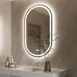 luminorcrest Specchio da bagno ovale con illuminazione 50 x 70 cm, 3 colori di luce dimmerabile, anti-appannamento, CRI90+, vetro temperato, luce laterale e posteriore, orizzontale/verticale.