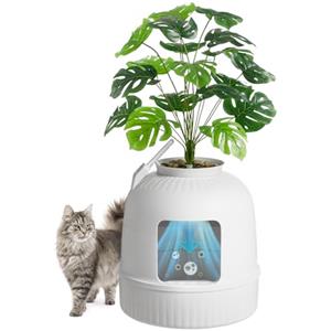 Lifewit Lettiera Gatto con Deodorante e Filtro a Carboni Attivi, Toilette per Gatti per Soggiorno, Camera da Letto e Angoli, Lettiera a Forma di Vaso con Pianta Finta e Paletta, 48 x 120 cm, Bianco