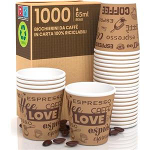 Eurocali 1000 Bicchierini in Carta da caffè 65ml LoveBrownCUP - Bicchieri Ecologici Biodegradabili Monouso Piccoli Asporto Bevande Calde