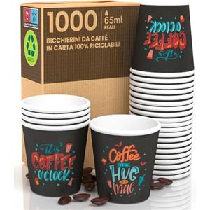 Eurocali 1000 Bicchierini in Carta per caffè 65ml Coffee O'Clock - Bicchieri Ecologici Biodegradabili Monouso Piccoli Asporto Bevande Calde