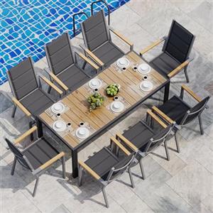 JUMMICO Set di Arredo da Giardino 8 Persone, Set di Tavolo 189 cm Design a Vena di Legno e 8 Sedie Impilabili da Esterno in Alluminio, Ideale per Cortile, Terrazza o Ai Margini della Piscina(Effetto legno)