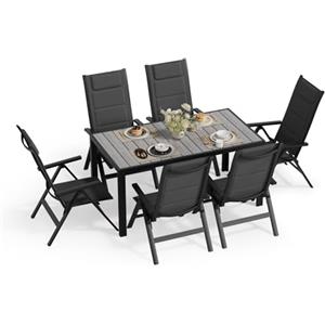 JUMMICO Set Tavolo e Sedie da Giardino, Composto da Tavolo 150 cm in Alluminio e 6 Sedie Pieghevoli, Tavolo da Giardino con Finitura a Vena di Legno con Sedie da Terrazza, Balcone(Grigio)