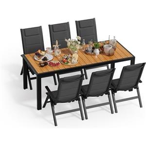 JUMMICO Set Tavolo e Sedie da Giardino, Composto da Tavolo 189 cm in Alluminio e 6 Sedie Pieghevoli, Tavolo da Giardino con Finitura a Vena di Legno con Sedie da Terrazza, Balcone(Effetto legno)