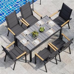JUMMICO Set di Arredo da Giardino 6 Persone, Set di Tavolo 189 cm Design a Vena di Legno e 6 Sedie Impilabili da Esterno in Alluminio, Ideale per Cortile, Terrazza o Ai Margini della Piscina(Grigio)