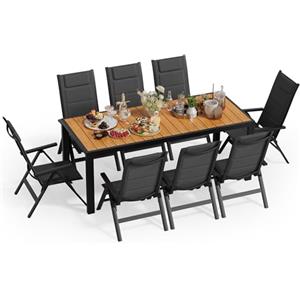 JUMMICO Set Tavolo e Sedie da Giardino, Composto da Tavolo 189 cm in Alluminio e 8 Sedie Pieghevoli, Tavolo da Giardino con Finitura a Vena di Legno con Sedie da Terrazza, Balcone(Effetto legno)