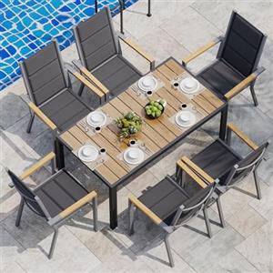 JUMMICO Set di Arredo da Giardino 6 Persone, Set di Tavolo 189 cm Design a Vena di Legno e 6 Sedie Impilabili da Esterno in Alluminio, Ideale per Cortile, Terrazza o Ai Margini della Piscina(Effetto legno)
