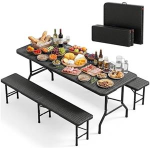 JUMMICO 3 Tavolo Giardino e Sedie da Esterno Set Birreria Pieghevole(Tavolo + 2 Panche) Effetto Rattan HDPE 300kg, Montaggio in 30 Secondi, Salvaspazio per Campeggio Spiaggia Picnic BBQ