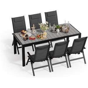 JUMMICO Set Tavolo e Sedie da Giardino, Composto da Tavolo 189 cm in Alluminio e 6 Sedie Pieghevoli, Tavolo da Giardino con Finitura a Vena di Legno con Sedie da Terrazza, Balcone(Grigio)