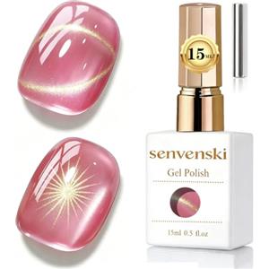 Senvenski Gelatina Vetro Cat Eye Smalto Semipermanente, 15ML Occhi di Gatto Magnetica per Gel Unghie Kit Olografico Glitterato Cristallo Smalti Unghie Salon Home DIY (oro rosa, 0.5fl oz)