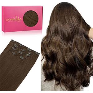 WENNALIFE Extension con clip in capelli veri, 85 g, 5 pezzi, 55 cm, colore marrone cioccolato
