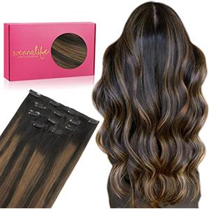 WENNALIFE Extension Capelli Veri Clip, 45cm 80g 5Pezzi Balayage Castano Scuro Misto Castano Extension Clip Capelli Veri Lisci Umani Extension Con Clip Naturali Extension Capelli Veri